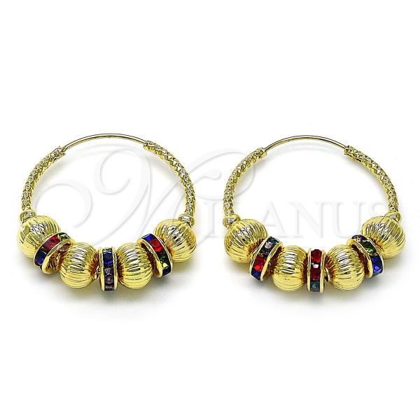 Oro Laminado Medium Hoop, Gold Filled Style Ball and Hollow Design, with Multicolor Crystal, Diamond Cutting Finish, Golden Finish, 02.170.0465.30