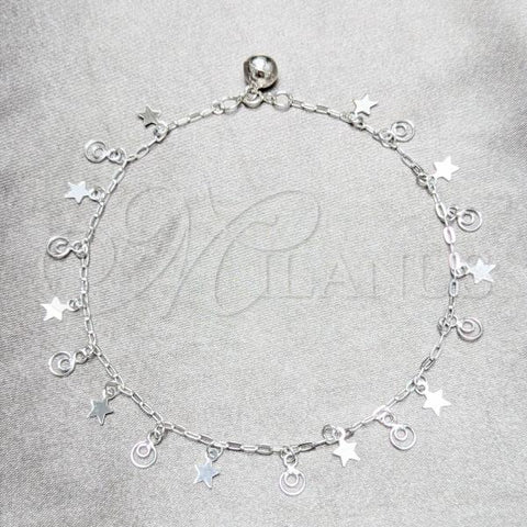 Sterling Silver Fancy Anklet, Star Design, Polished, Silver Finish, 03.409.0044.10