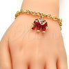 Oro Laminado Charm Bracelet, Gold Filled Style Elephant and Rolo Design, with White Crystal, Red Enamel Finish, Golden Finish, 03.179.0001.1.07