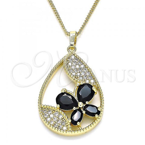 Oro Laminado Pendant Necklace, Gold Filled Style Teardrop and Butterfly Design, with Black Cubic Zirconia and White Micro Pave, Polished, Golden Finish, 04.284.0022.2.20