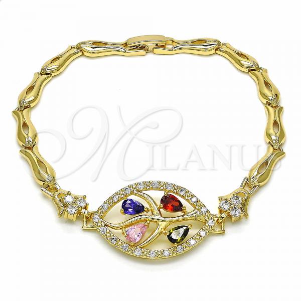Oro Laminado Fancy Bracelet, Gold Filled Style Leaf and Fish Design, with Multicolor Cubic Zirconia, Polished, Golden Finish, 03.316.0071.1.08