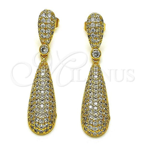 Oro Laminado Long Earring, Gold Filled Style Teardrop Design, with White Micro Pave and White Cubic Zirconia, Polished, Golden Finish, 02.283.0083