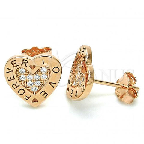 Sterling Silver Stud Earring, Heart and Love Design, with White Micro Pave, Polished, Rose Gold Finish, 02.336.0111.1