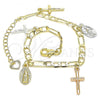 Oro Laminado Charm Bracelet, Gold Filled Style Guadalupe and Crucifix Design, Polished, Tricolor, 03.351.0113.07
