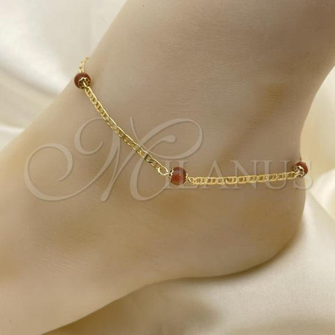 Oro Laminado Fancy Anklet, Gold Filled Style Ball and Mariner Design, Polished, Golden Finish, 03.32.0624.10
