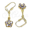 Oro Laminado Long Earring, Gold Filled Style Flower and Star Design, with Amethyst Cubic Zirconia, Polished, Golden Finish, 02.387.0051.3