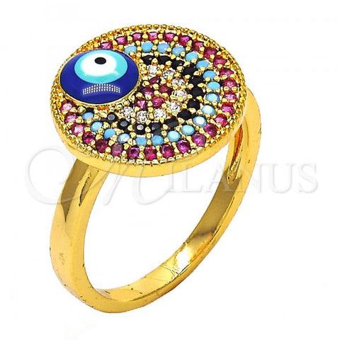 Oro Laminado Multi Stone Ring, Gold Filled Style Evil Eye Design, with Multicolor Micro Pave, Blue Enamel Finish, Golden Finish, 01.60.0005.08 (Size 8)