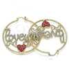 Oro Laminado Large Hoop, Gold Filled Style Nameplate and Heart Design, with White and Garnet Crystal, Diamond Cutting Finish, Golden Finish, 02.380.0080.50
