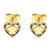 Oro Laminado Stud Earring, Gold Filled Style Heart and Butterfly Design, with Multicolor Micro Pave, Polished, Golden Finish, 02.233.0052.2
