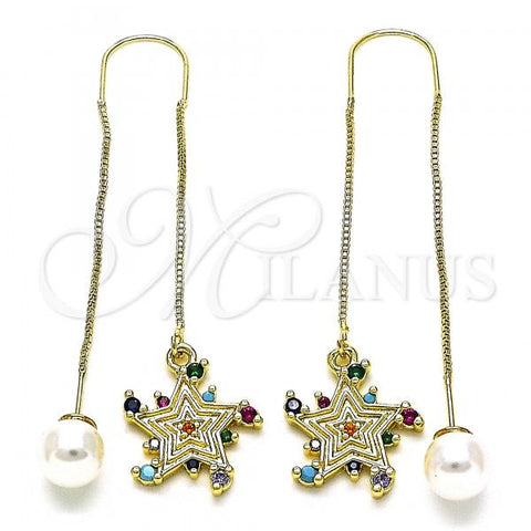 Oro Laminado Threader Earring, Gold Filled Style Star Design, with Multicolor Micro Pave, Polished, Golden Finish, 02.210.0808.1