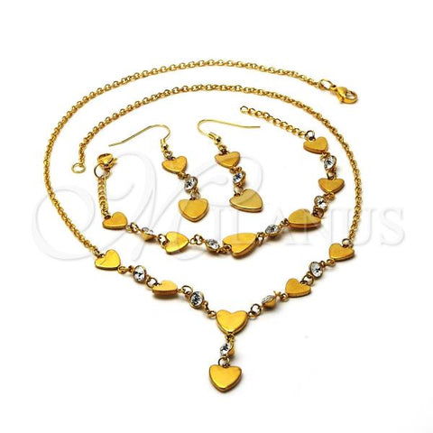 Stainless Steel Necklace, Bracelet and Earring, Heart Design, with White Crystal, Polished, Golden Finish, 06.231.0017