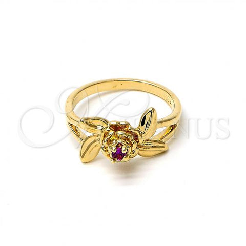 Oro Laminado Elegant Ring, Gold Filled Style Flower and Leaf Design, with Rhodolite Cubic Zirconia, Polished, Golden Finish, 5.172.021.09 (Size 9)