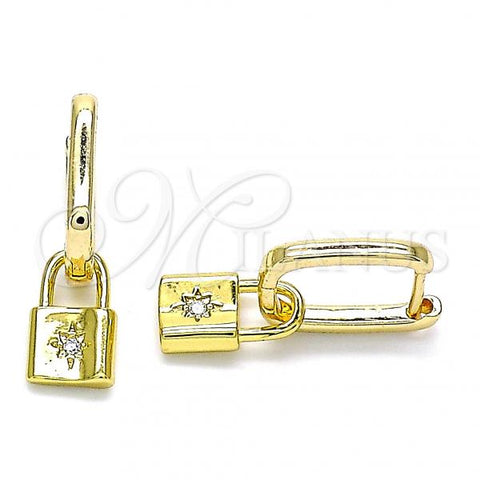 Oro Laminado Huggie Hoop, Gold Filled Style Lock and Sun Design, with White Micro Pave, Polished, Golden Finish, 02.368.0016.10