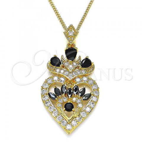 Oro Laminado Pendant Necklace, Gold Filled Style Heart and Teardrop Design, with Black and White Cubic Zirconia, Polished, Golden Finish, 04.283.0026.1.20