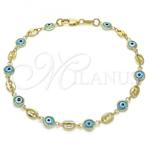 Oro Laminado Fancy Anklet, Gold Filled Style Evil Eye and Puff Mariner Design, Turquoise Resin Finish, Golden Finish, 03.326.0012.3.10