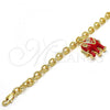 Oro Laminado Charm Bracelet, Gold Filled Style Elephant and Rolo Design, with White Crystal, Red Enamel Finish, Golden Finish, 03.179.0001.1.07