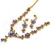 Oro Laminado Necklace and Earring, Gold Filled Style Flower and Teardrop Design, with Amethyst Cubic Zirconia, Polished, Golden Finish, 06.221.0016.1