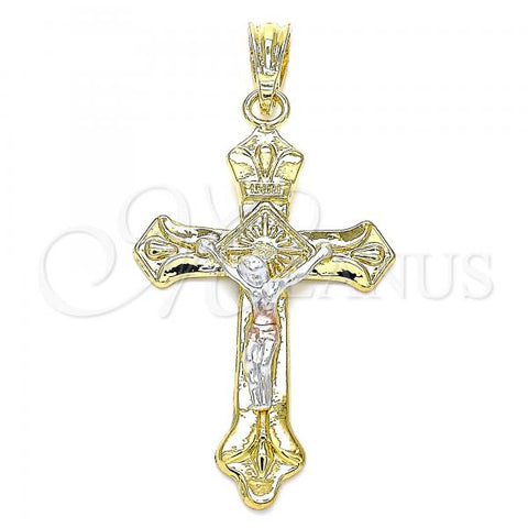 Oro Laminado Religious Pendant, Gold Filled Style Crucifix Design, Polished, Tricolor, 05.351.0184