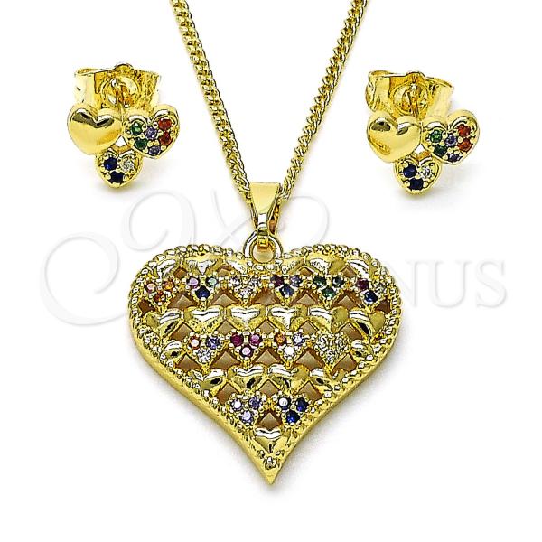 Oro Laminado Earring and Pendant Adult Set, Gold Filled Style Heart Design, with Multicolor Cubic Zirconia, Polished, Golden Finish, 10.284.0033