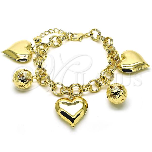 Oro Laminado Charm Bracelet, Gold Filled Style Heart and Ball Design, Polished, Golden Finish, 03.331.0230.08