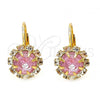 Oro Laminado Leverback Earring, Gold Filled Style Flower Design, with Pink and White Crystal, Polished, Golden Finish, 02.122.0086