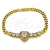 Oro Laminado Fancy Bracelet, Gold Filled Style Heart and Miami Cuban Design, with White Cubic Zirconia, Polished, Golden Finish, 03.283.0448.07