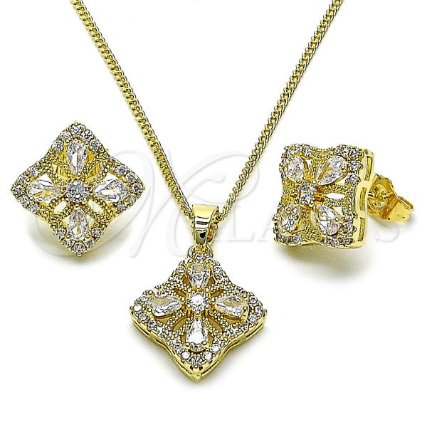 Oro Laminado Earring and Pendant Adult Set, Gold Filled Style Four-leaf Clover Design, with White Cubic Zirconia, Polished, Golden Finish, 10.210.0183