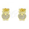 Oro Laminado Stud Earring, Gold Filled Style Owl Design, with White Micro Pave, Polished, Golden Finish, 02.156.0549