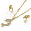 Oro Laminado Earring and Pendant Adult Set, Gold Filled Style Dolphin Design, with White Micro Pave, Polished, Golden Finish, 10.156.0145