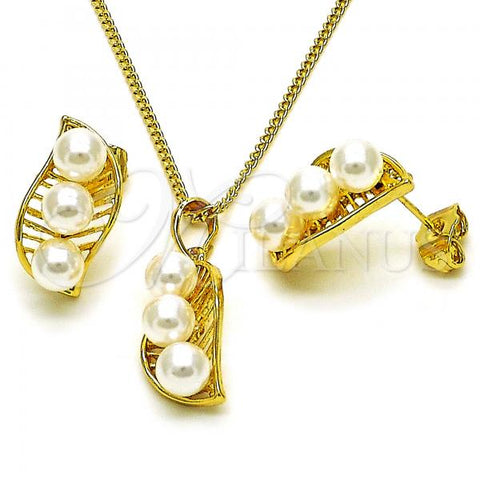 Oro Laminado Earring and Pendant Adult Set, Gold Filled Style Leaf Design, with Ivory Pearl, Polished, Golden Finish, 10.379.0071