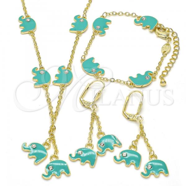 Oro Laminado Earring and Pendant Children Set, Gold Filled Style Elephant Design, with White Crystal, Turquoise Enamel Finish, Golden Finish, 06.60.0006