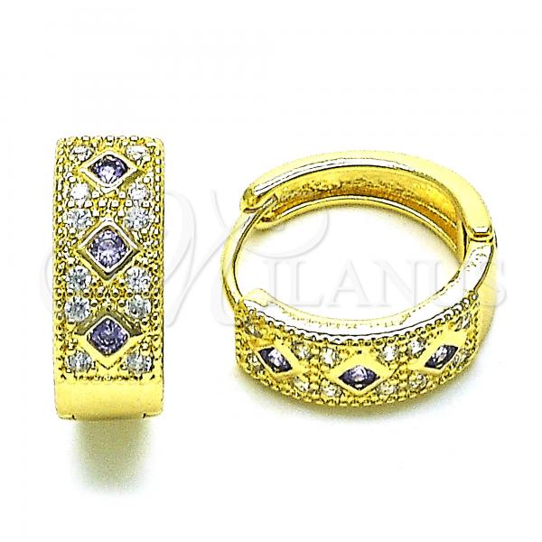 Oro Laminado Huggie Hoop, Gold Filled Style with Amethyst Cubic Zirconia and White Micro Pave, Polished, Golden Finish, 02.210.0056.14.15