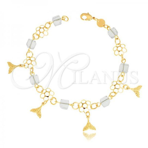 Oro Laminado Charm Bracelet, Gold Filled Style Flower and Fish Design, with White Crystal, White Polished, Golden Finish, 03.32.0200.07