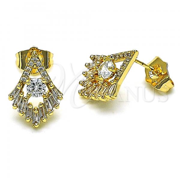 Oro Laminado Stud Earring, Gold Filled Style with White Cubic Zirconia and White Micro Pave, Polished, Golden Finish, 02.283.0049