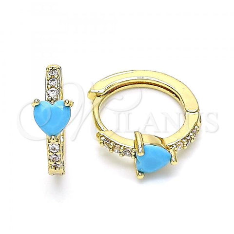 Oro Laminado Huggie Hoop, Gold Filled Style Heart Design, with Turquoise Cubic Zirconia and White Micro Pave, Polished, Golden Finish, 02.210.0482.1.15
