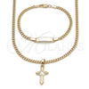 Oro Laminado Necklace and Bracelet, Gold Filled Style Cross and Miami Cuban Design, Polished, Golden Finish, 06.63.0276