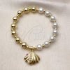 Oro Laminado Fancy Bracelet, Gold Filled Style Shell and Expandable Bead Design, with Ivory Pearl and Ruby Cubic Zirconia, Polished, Golden Finish, 03.341.0252.07