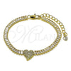 Oro Laminado Fancy Bracelet, Gold Filled Style Heart and Baguette Design, with White Cubic Zirconia and White Micro Pave, Polished, Golden Finish, 03.411.0026.07