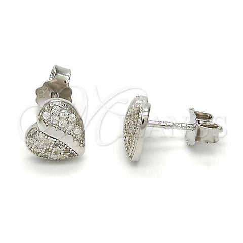Sterling Silver Stud Earring, Heart Design, with White Micro Pave, Polished, Rhodium Finish, 02.292.0004