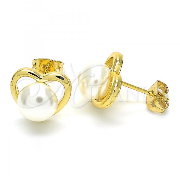 Oro Laminado Stud Earring, Gold Filled Style Heart and Ball Design, with Ivory Pearl, Polished, Golden Finish, 02.342.0056