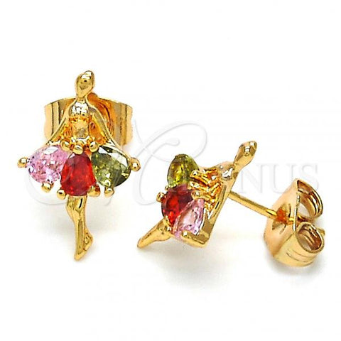 Oro Laminado Stud Earring, Gold Filled Style with Multicolor Cubic Zirconia, Polished, Golden Finish, 02.345.0003