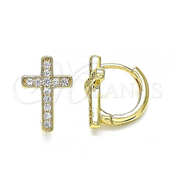 Oro Laminado Huggie Hoop, Gold Filled Style Cross Design, with White Micro Pave, Polished, Golden Finish, 02.195.0144.12