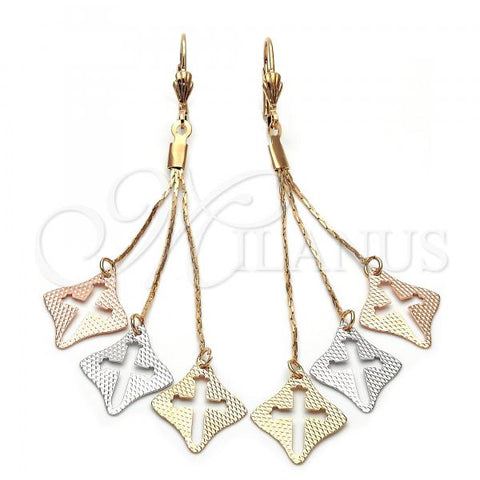 Oro Laminado Long Earring, Gold Filled Style Cross Design, Diamond Cutting Finish, Tricolor, 5.106.007