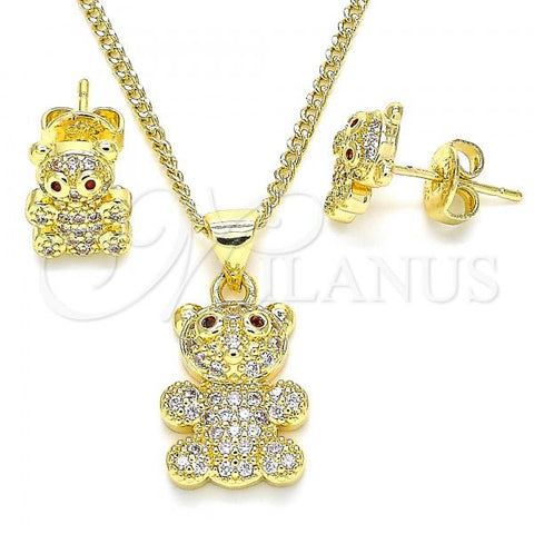Oro Laminado Earring and Pendant Adult Set, Gold Filled Style Teddy Bear Design, with Garnet and White Micro Pave, Polished, Golden Finish, 10.156.0271
