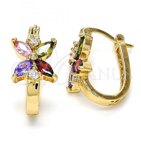 Oro Laminado Small Hoop, Gold Filled Style Flower Design, with Multicolor Cubic Zirconia, Polished, Golden Finish, 02.210.0034.1.15