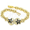 Oro Laminado Fancy Bracelet, Gold Filled Style Flower and Butterfly Design, with Black and White Cubic Zirconia, Polished, Golden Finish, 03.210.0118.08