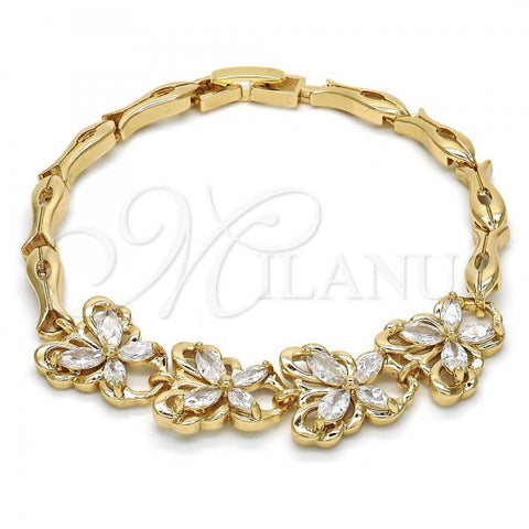 Oro Laminado Fancy Bracelet, Gold Filled Style Butterfly and Fish Design, with White Cubic Zirconia, Polished, Golden Finish, 03.316.0007.07