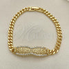 Oro Laminado Fancy Bracelet, Gold Filled Style Greek Key and Miami Cuban Design, with White Micro Pave, Polished, Golden Finish, 03.283.0274.07