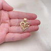 Oro Laminado Fancy Pendant, Gold Filled Style Heart and Mom Design, with White Micro Pave, Polished, Golden Finish, 05.342.0199