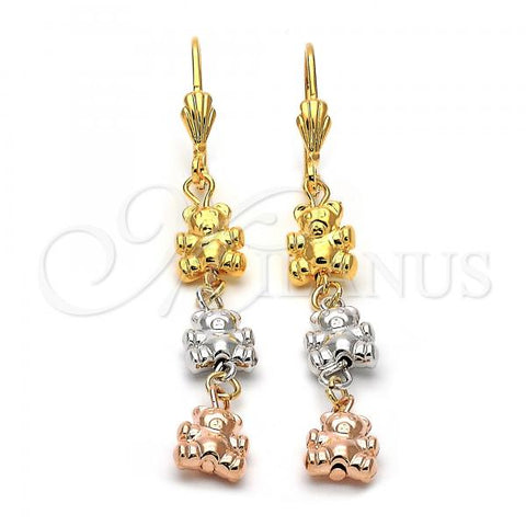 Oro Laminado Long Earring, Gold Filled Style Teddy Bear Design, Diamond Cutting Finish, Tricolor, 5.113.013